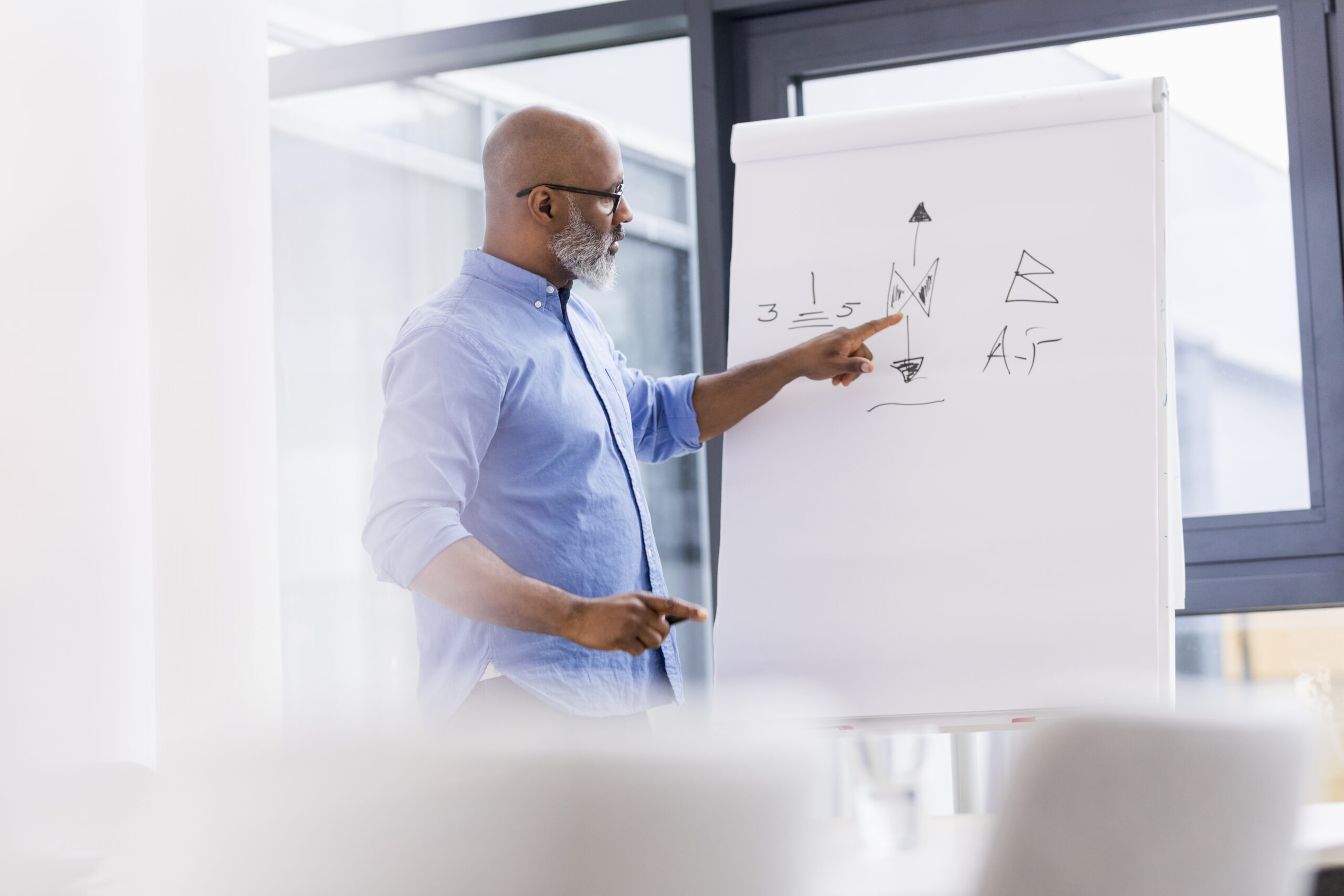 Een man geeft een presentatie bij een whiteboard, symbool voor begeleiding en inzicht in vacaturebemiddeling.