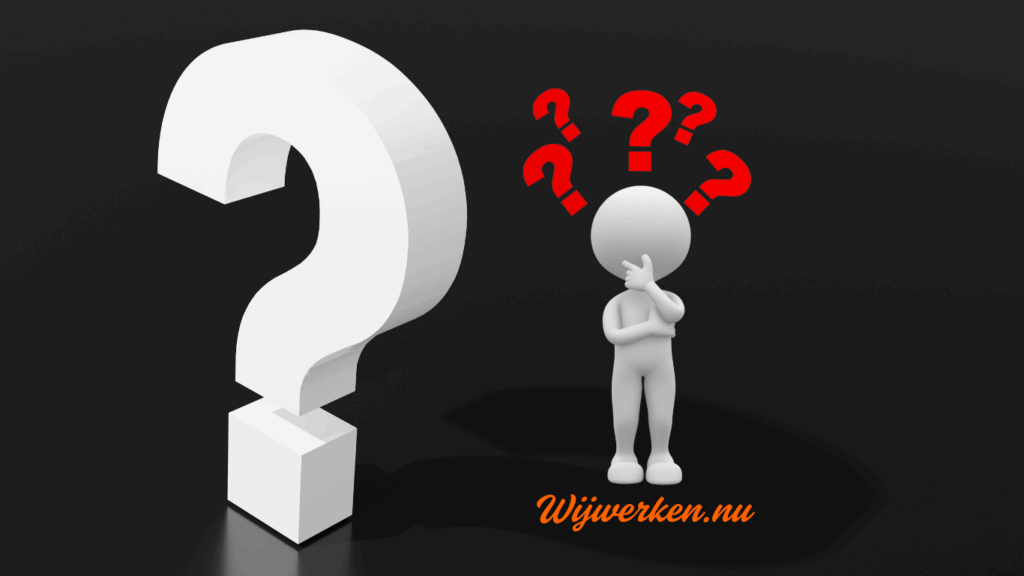 Vraagteken en denkend figuur met rode vraagtekens, visuele weergave van onzekerheid rond outplacement bij Wijwerken.nu