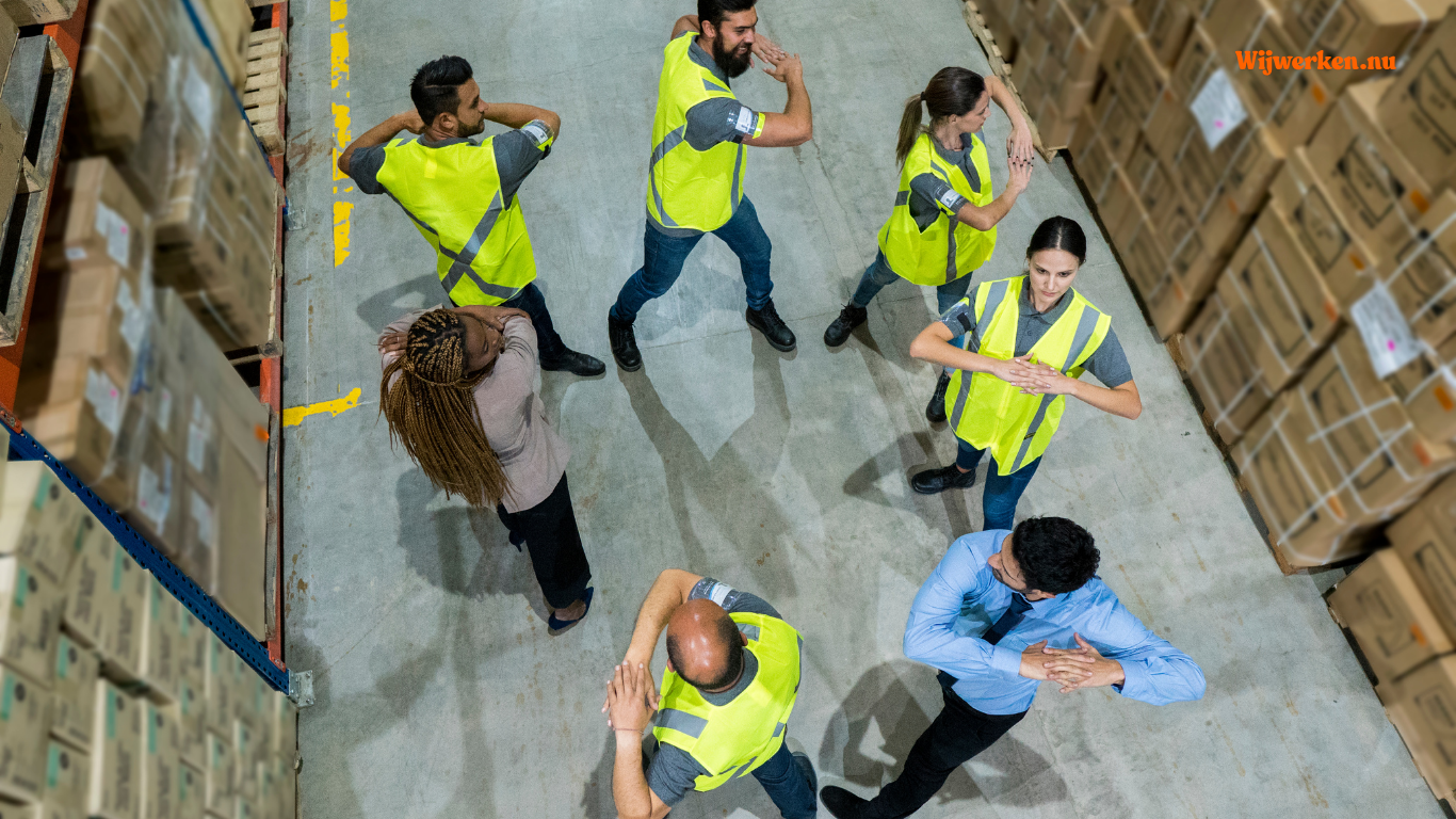 Uitzendkrachten nemen deel aan sociale activering in een magazijnomgeving via Wijwerken.nu